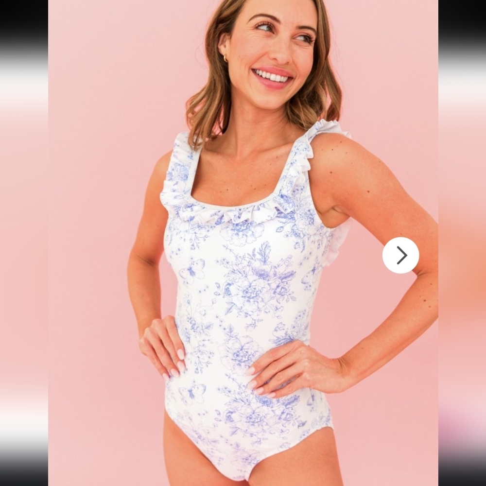 Ruffle Butts Periwinkle Blue Butterfly Garden Toile Ruffle One Piece Swimsuit